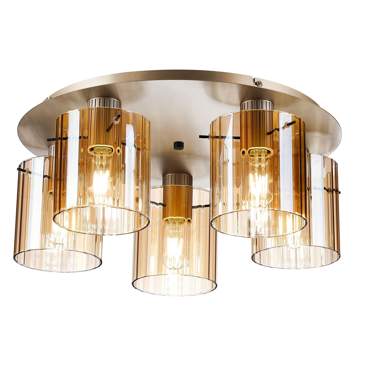 Belstone Wide Ribbed 5 Light Flush Round Ceiling Light in Light Gold with Amber Glass