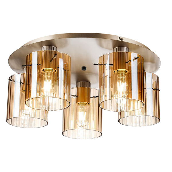 Belstone Wide Ribbed 5 Light Flush Round Ceiling Light in Light Gold with Amber Glass