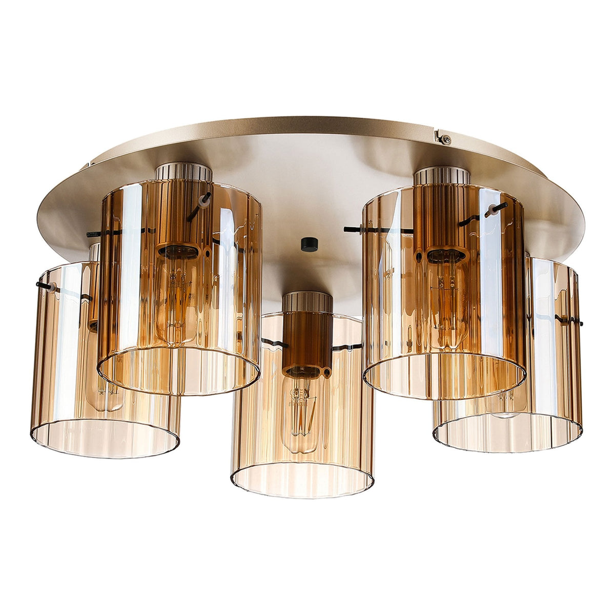 Belstone Wide Ribbed 5 Light Flush Round Ceiling Light in Light Gold with Amber Glass