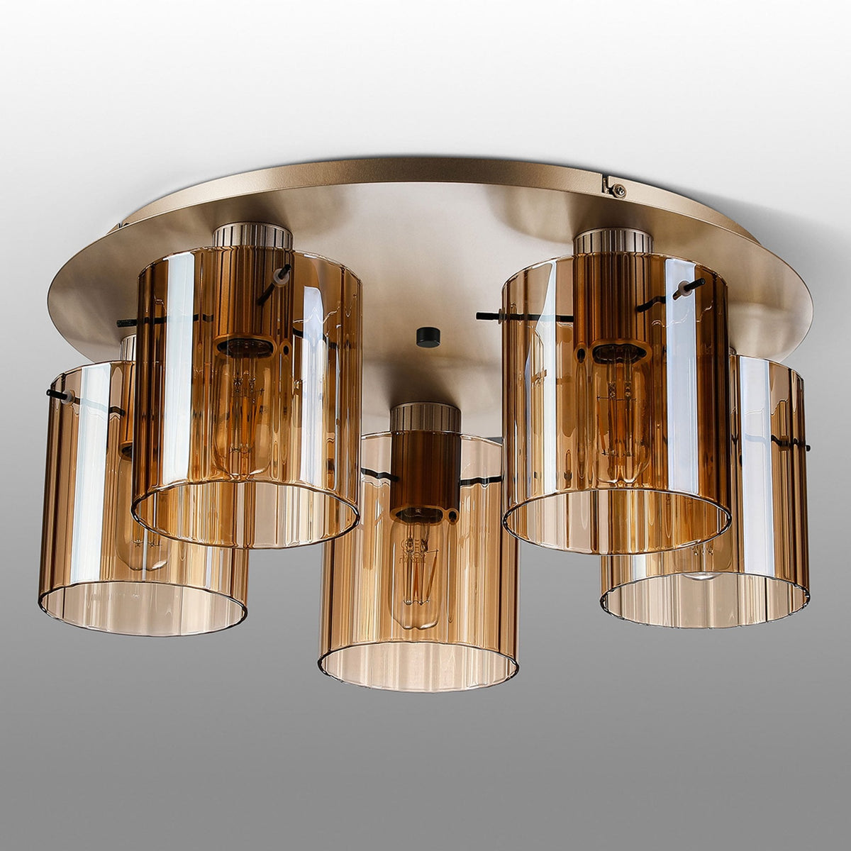 Belstone Wide Ribbed 5 Light Flush Round Ceiling Light in Light Gold with Amber Glass