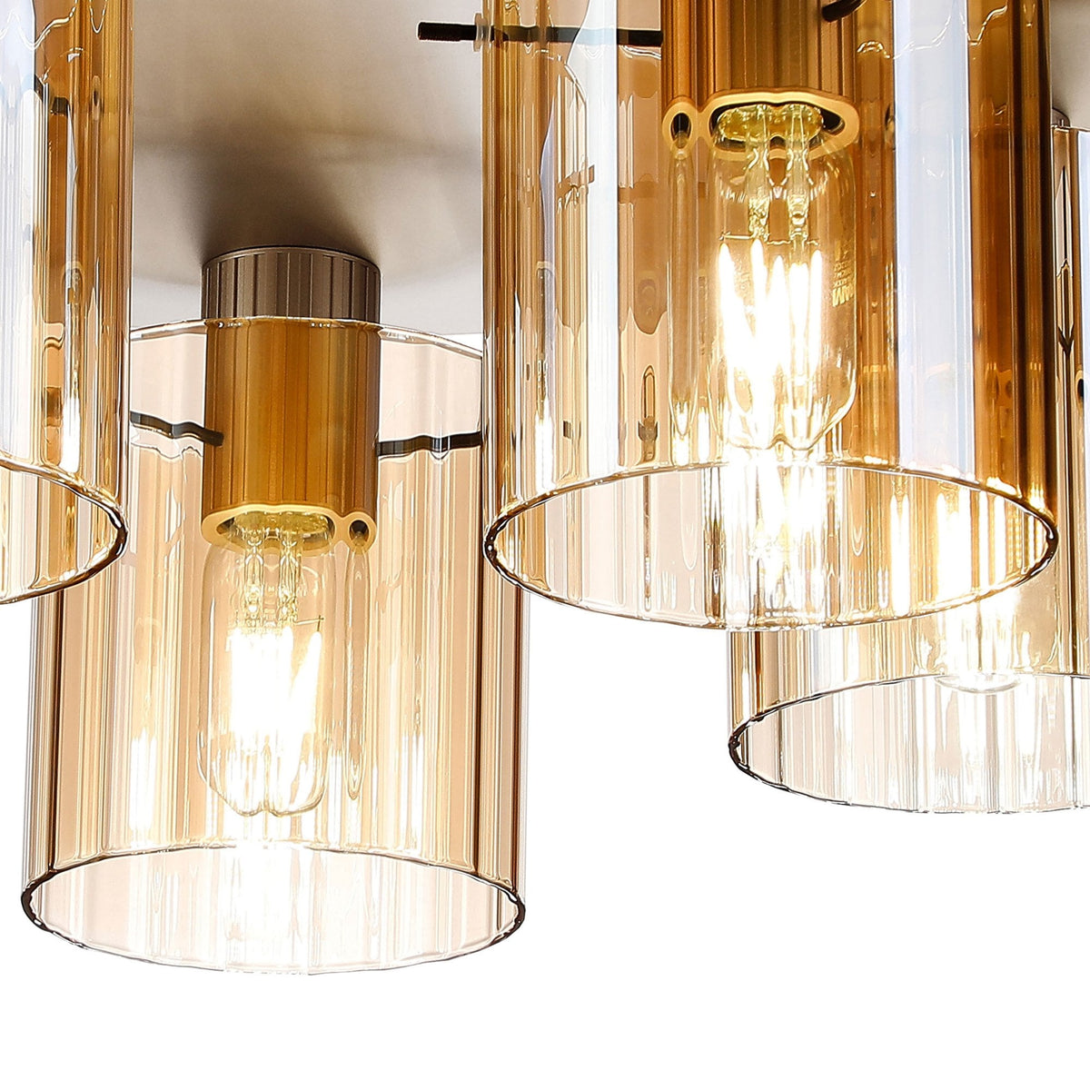 Belstone Wide Ribbed 5 Light Flush Round Ceiling Light in Light Gold with Amber Glass