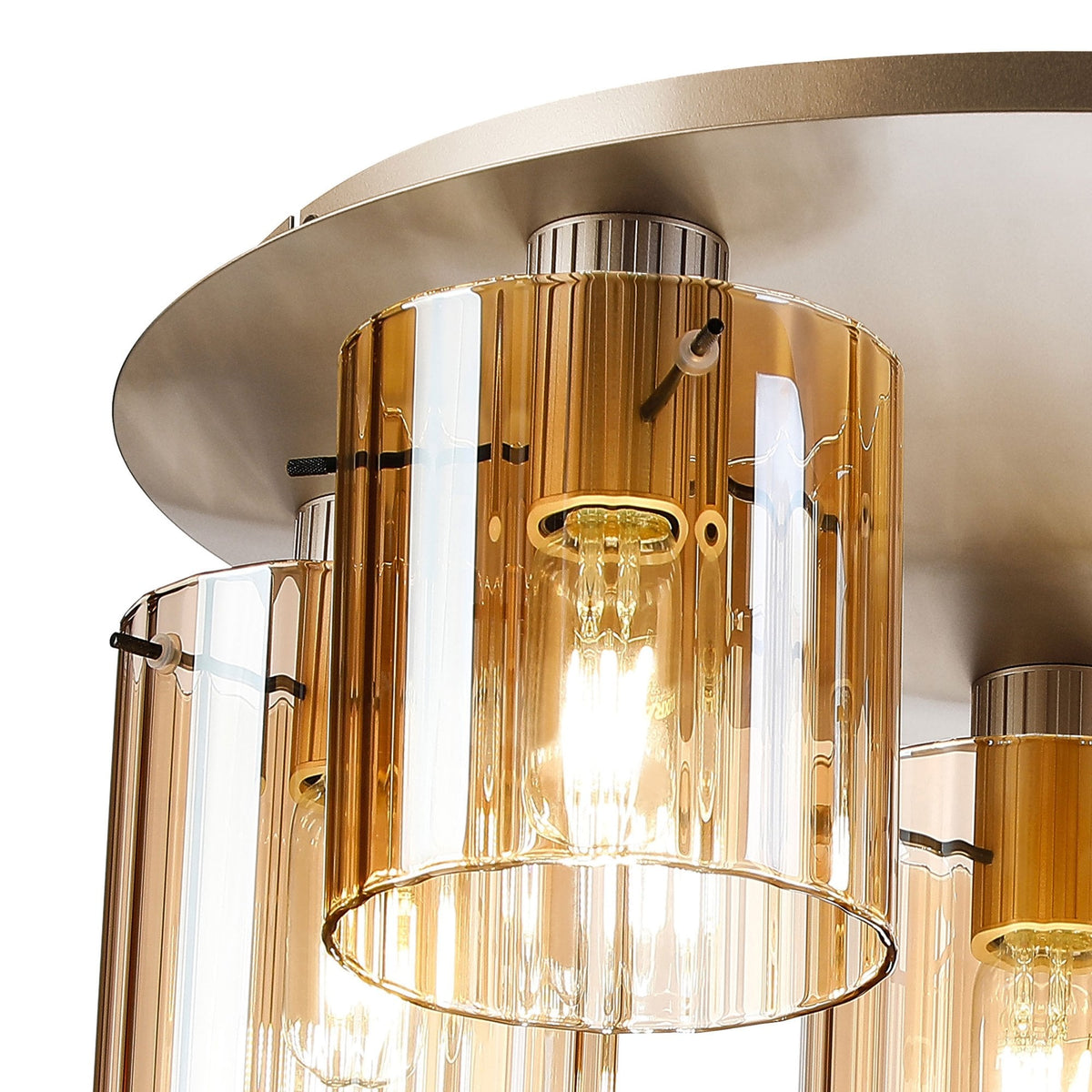 Belstone Wide Ribbed 5 Light Flush Round Ceiling Light in Light Gold with Amber Glass