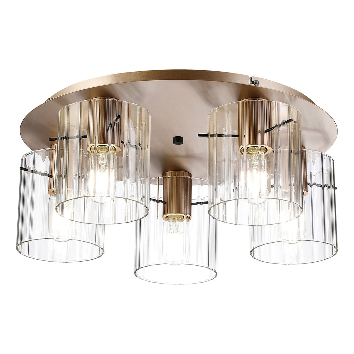 A modern brass ceiling light with five fluted glass shades on a white background.