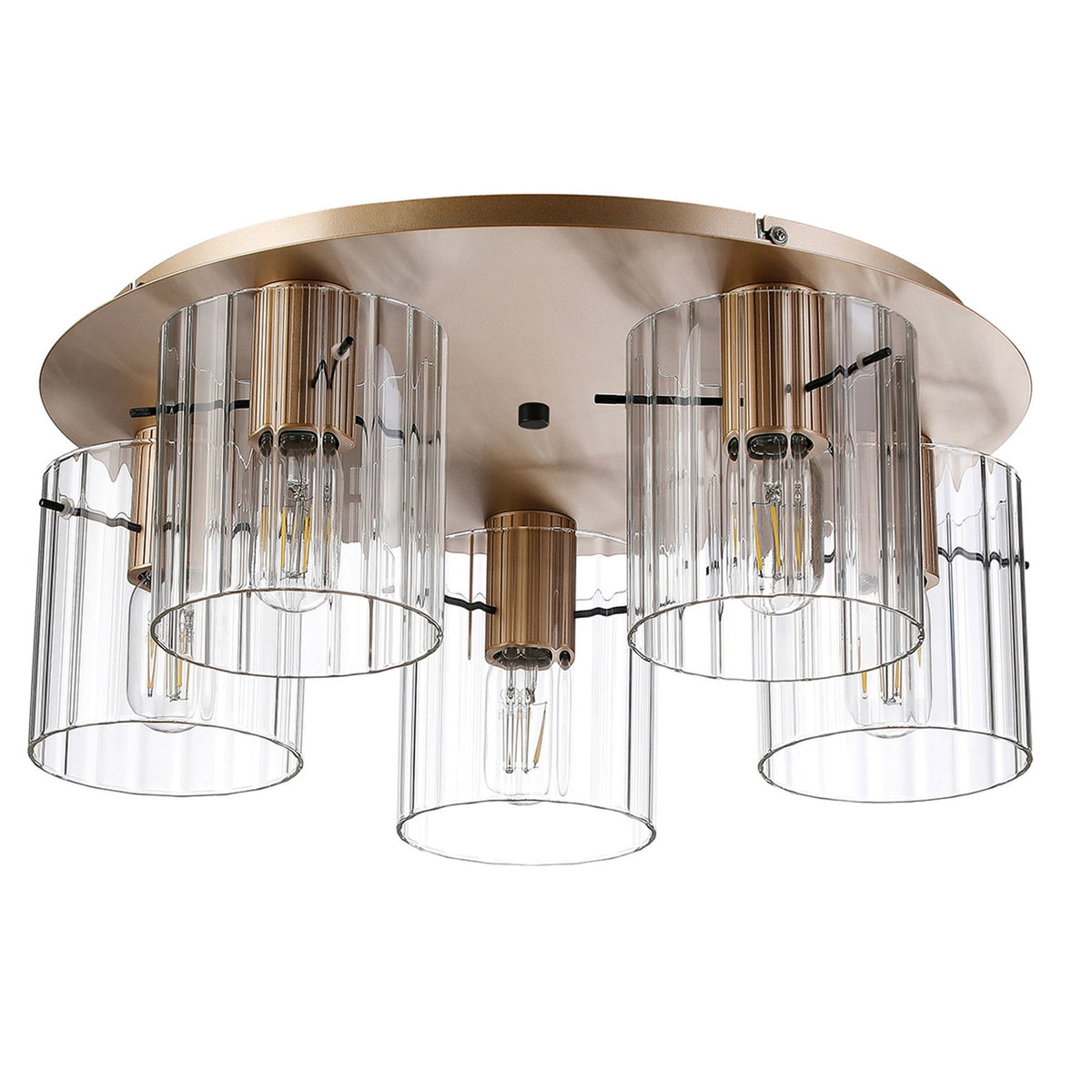 A bright, modern brass ceiling light with five fluted glass shades on a white background.
