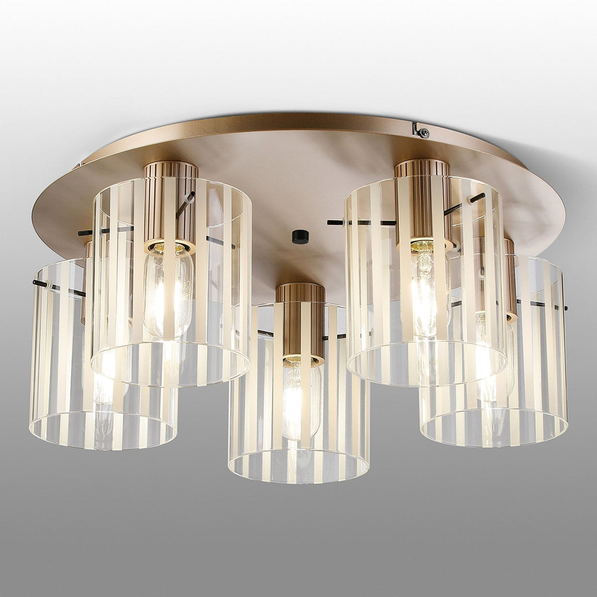Belstone Wide Ribbed 5 Light Flush Round Ceiling Light in Light Gold with Frosted & Clear Glass