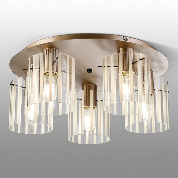 Belstone Wide Ribbed 5 Light Flush Round Ceiling Light in Light Gold with Frosted & Clear Glass