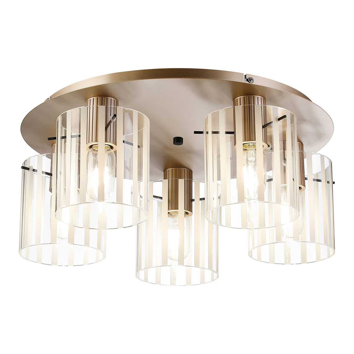 Belstone Wide Ribbed 5 Light Flush Round Ceiling Light in Light Gold with Frosted & Clear Glass