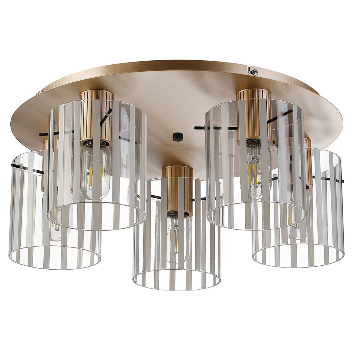 Belstone Wide Ribbed 5 Light Flush Round Ceiling Light in Light Gold with Frosted & Clear Glass