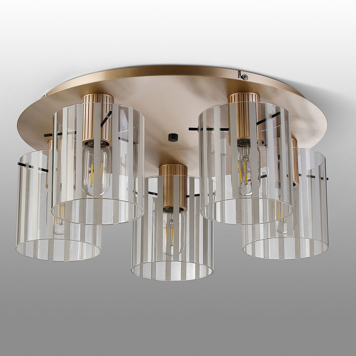 Belstone Wide Ribbed 5 Light Flush Round Ceiling Light in Light Gold with Frosted & Clear Glass