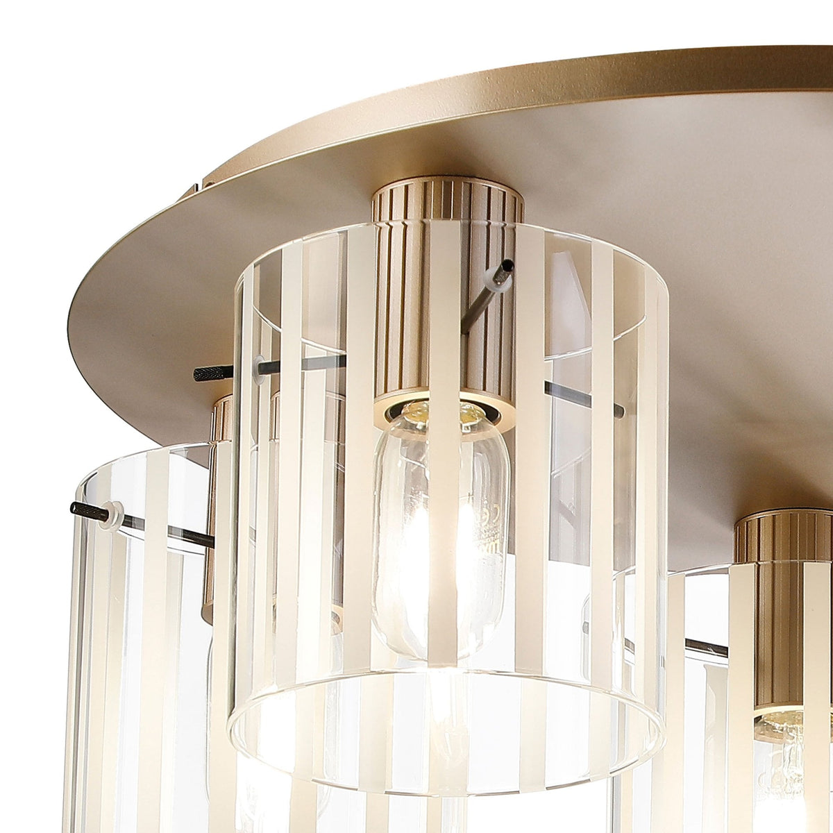 Belstone Wide Ribbed 5 Light Flush Round Ceiling Light in Light Gold with Frosted & Clear Glass