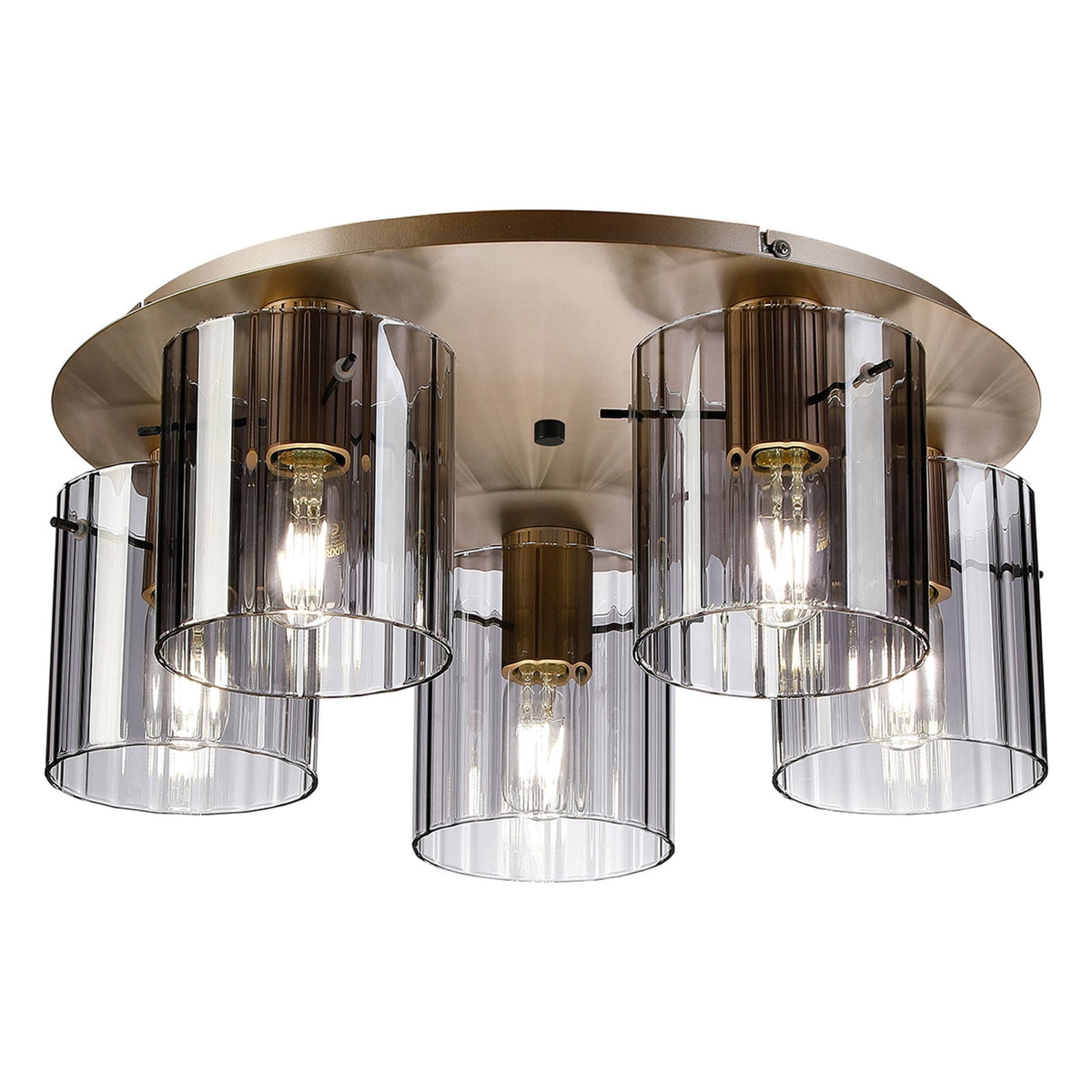 Belstone Wide Ribbed 5 Light Flush Round Ceiling Light in Light Gold with Smoke Glass