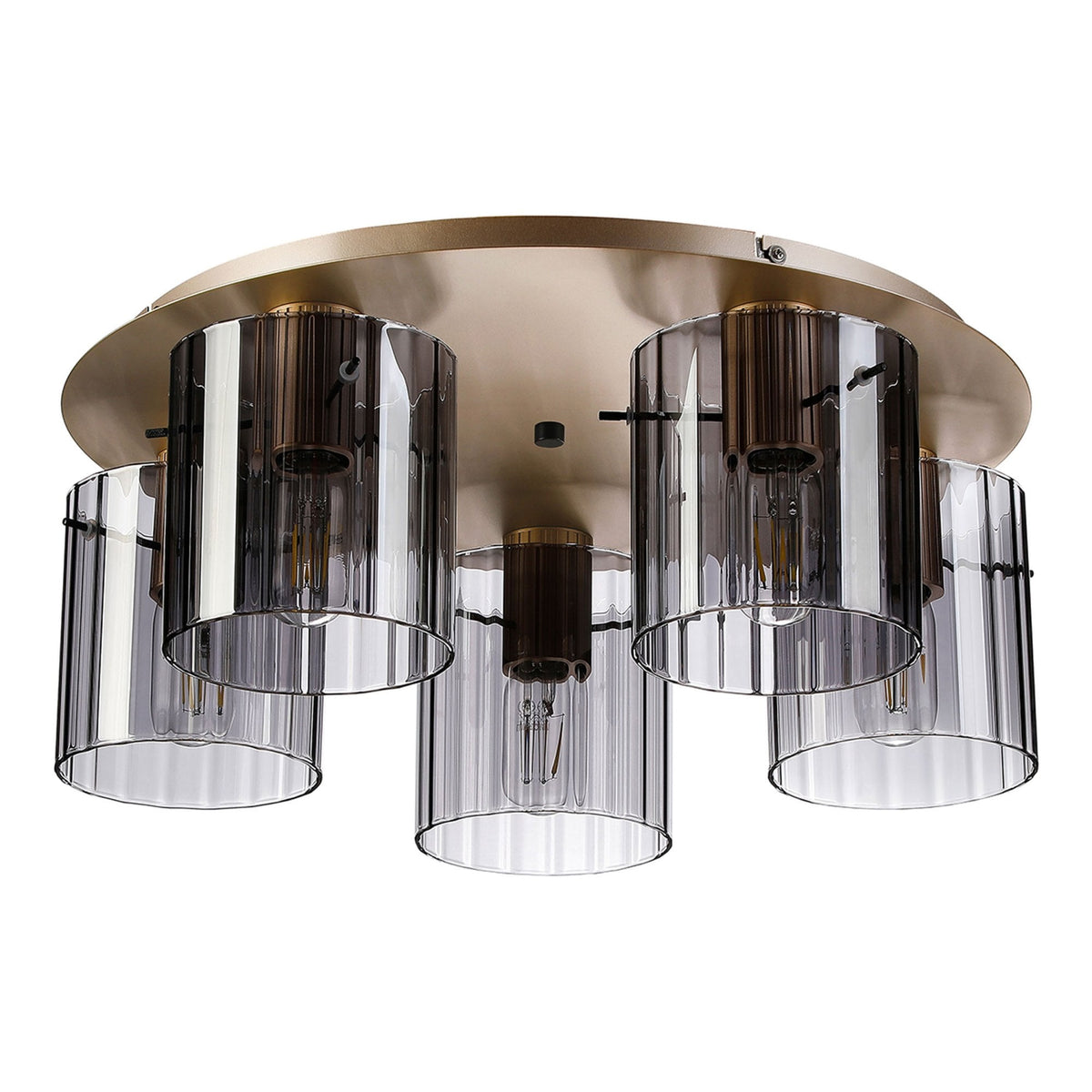 Belstone Wide Ribbed 5 Light Flush Round Ceiling Light in Light Gold with Smoke Glass