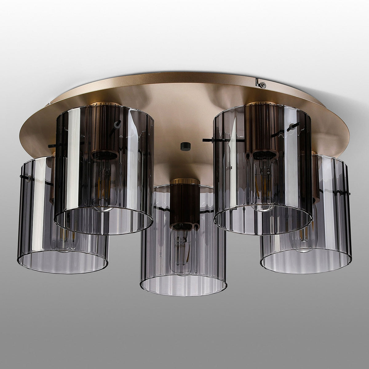 Belstone Wide Ribbed 5 Light Flush Round Ceiling Light in Light Gold with Smoke Glass