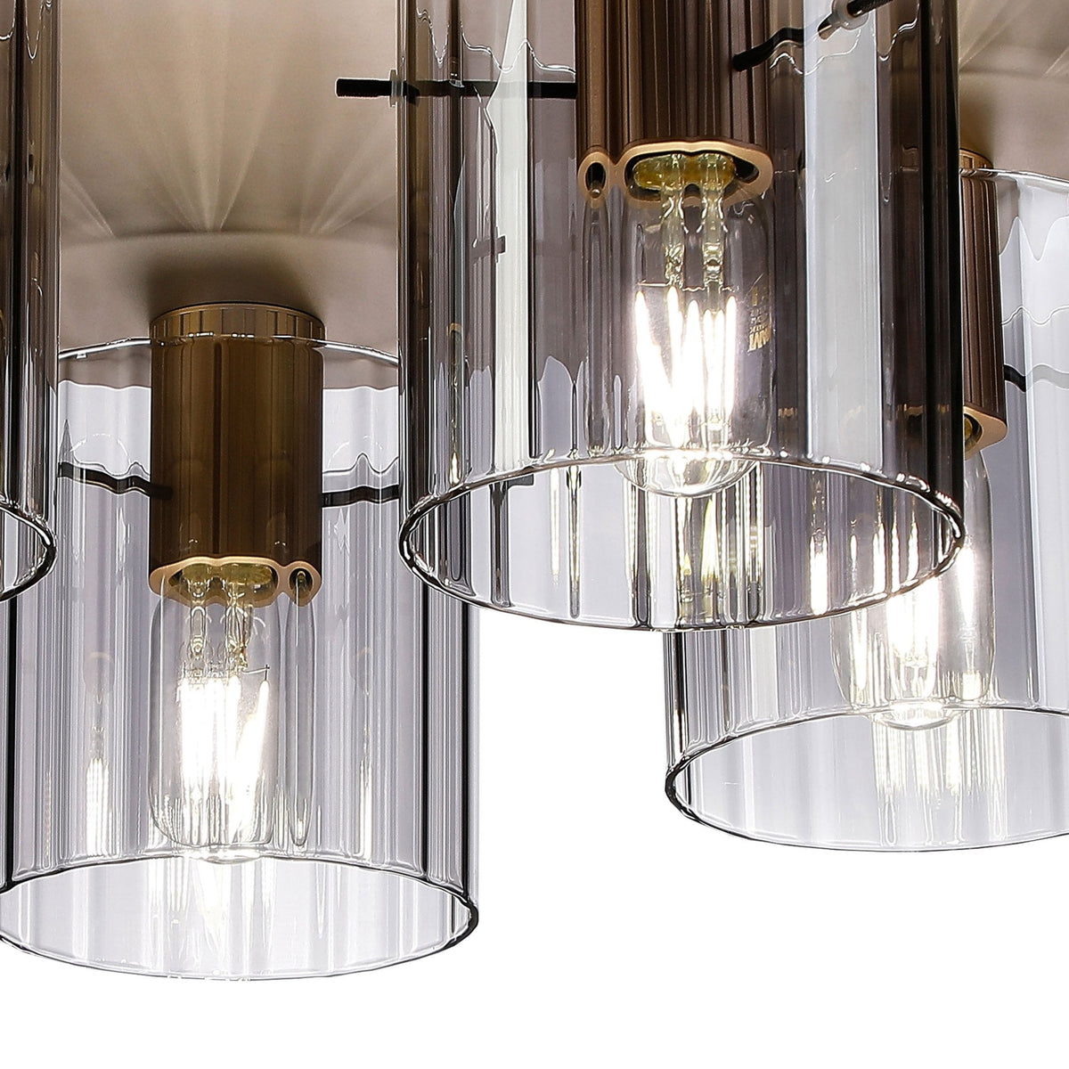 Belstone Wide Ribbed 5 Light Flush Round Ceiling Light in Light Gold with Smoke Glass