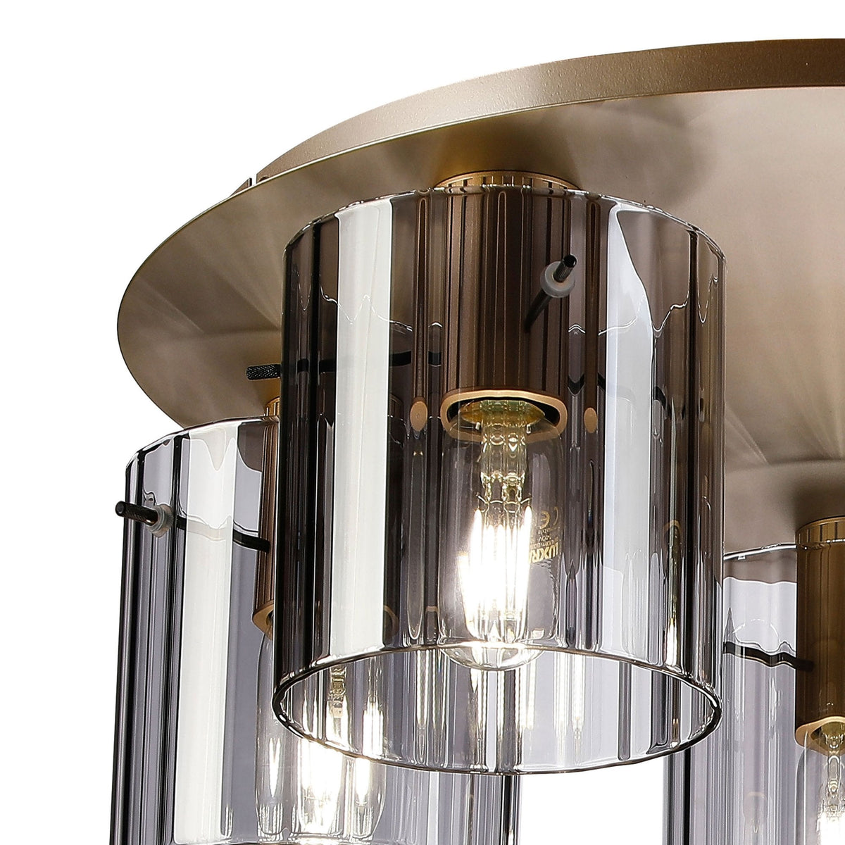Belstone Wide Ribbed 5 Light Flush Round Ceiling Light in Light Gold with Smoke Glass