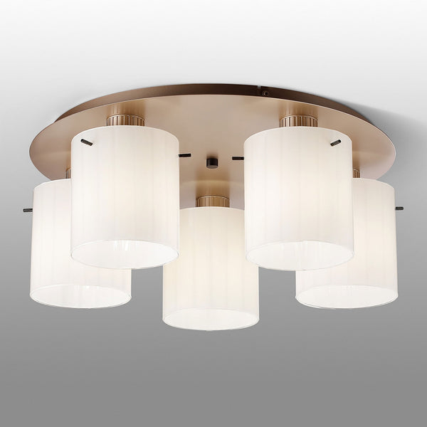 Belstone Wide Ribbed 5 Light Flush Round Ceiling Light in Light Gold with Gloss White Glass