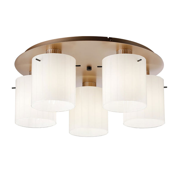 Belstone Wide Ribbed 5 Light Flush Round Ceiling Light in Light Gold with Gloss White Glass