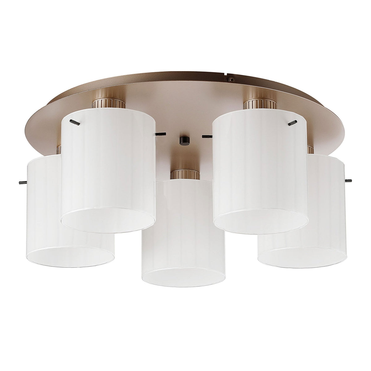 Belstone Wide Ribbed 5 Light Flush Round Ceiling Light in Light Gold with Gloss White Glass