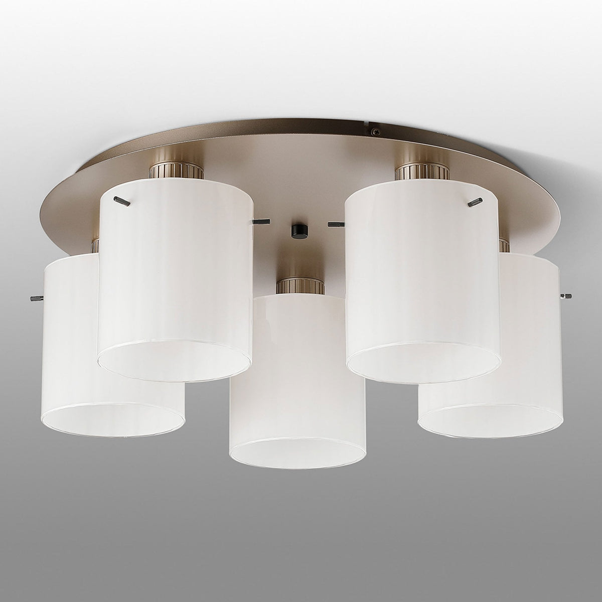 Belstone Wide Ribbed 5 Light Flush Round Ceiling Light in Light Gold with Gloss White Glass