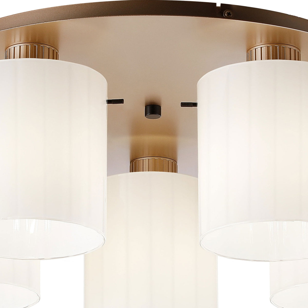 Belstone Wide Ribbed 5 Light Flush Round Ceiling Light in Light Gold with Gloss White Glass