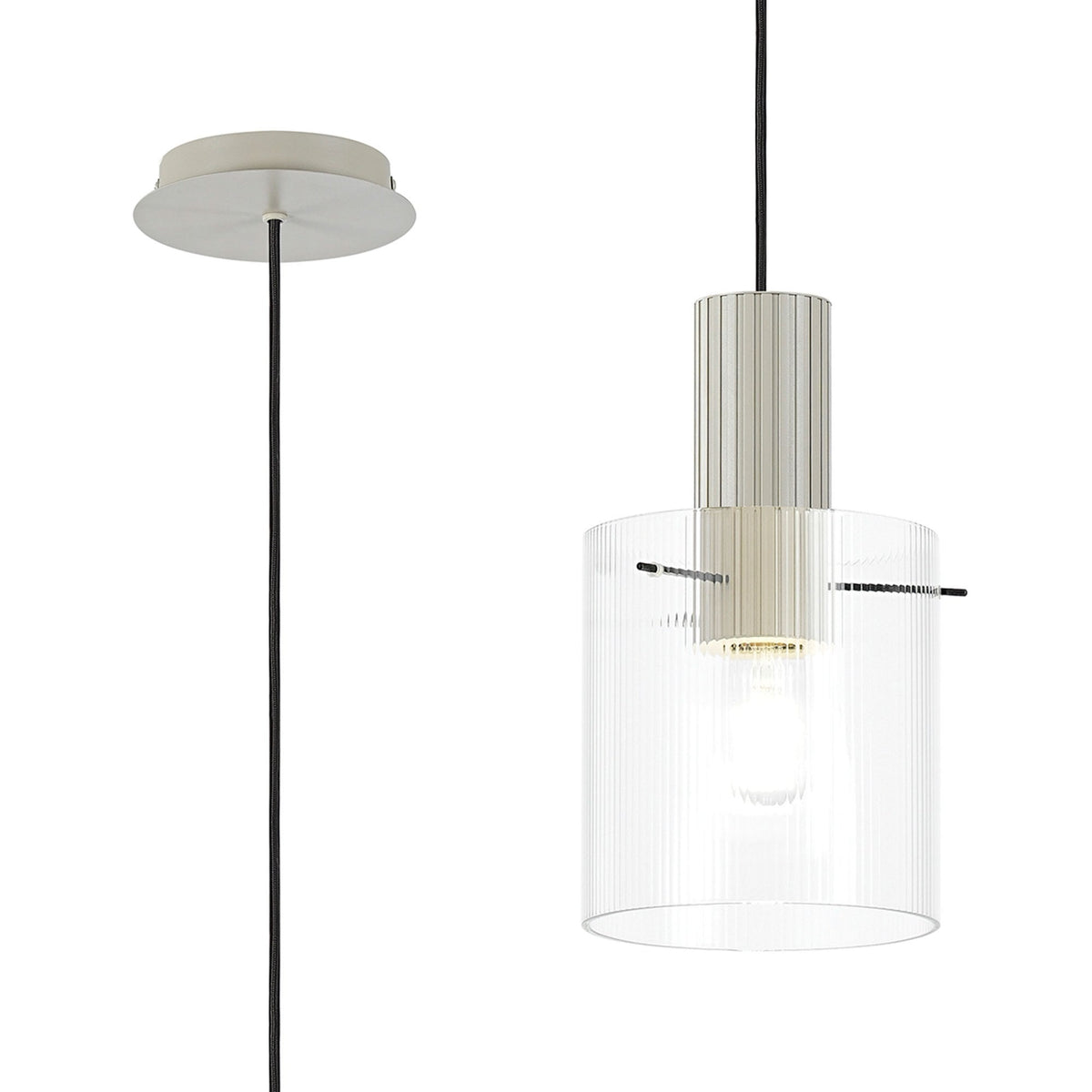 Belstone Fine Ribbed Single Drop Pendant in Beige Stone with Clear Glass