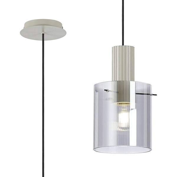 Belstone Fine Ribbed Single Drop Pendant in Beige Stone with Smoke Glass