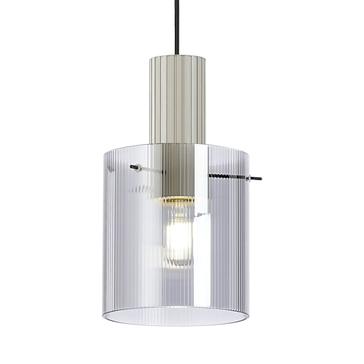 Detailed view of the pendant light with a clear, ribbed glass shade and white fitting.