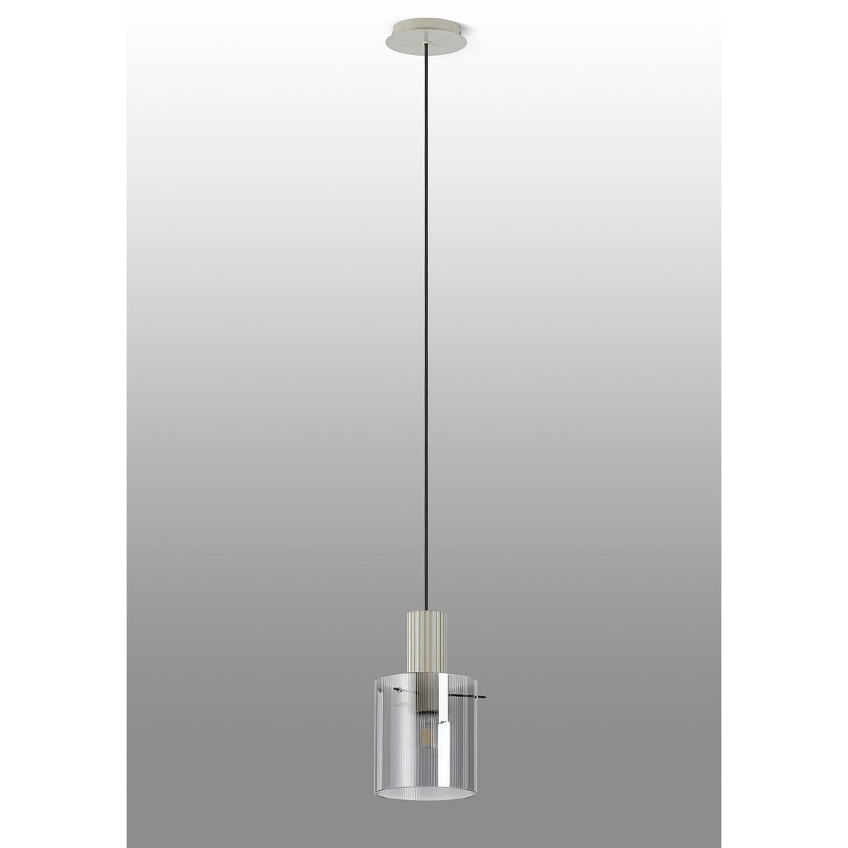 Full view of the pendant light with a clear, ribbed glass shade against a grey background.