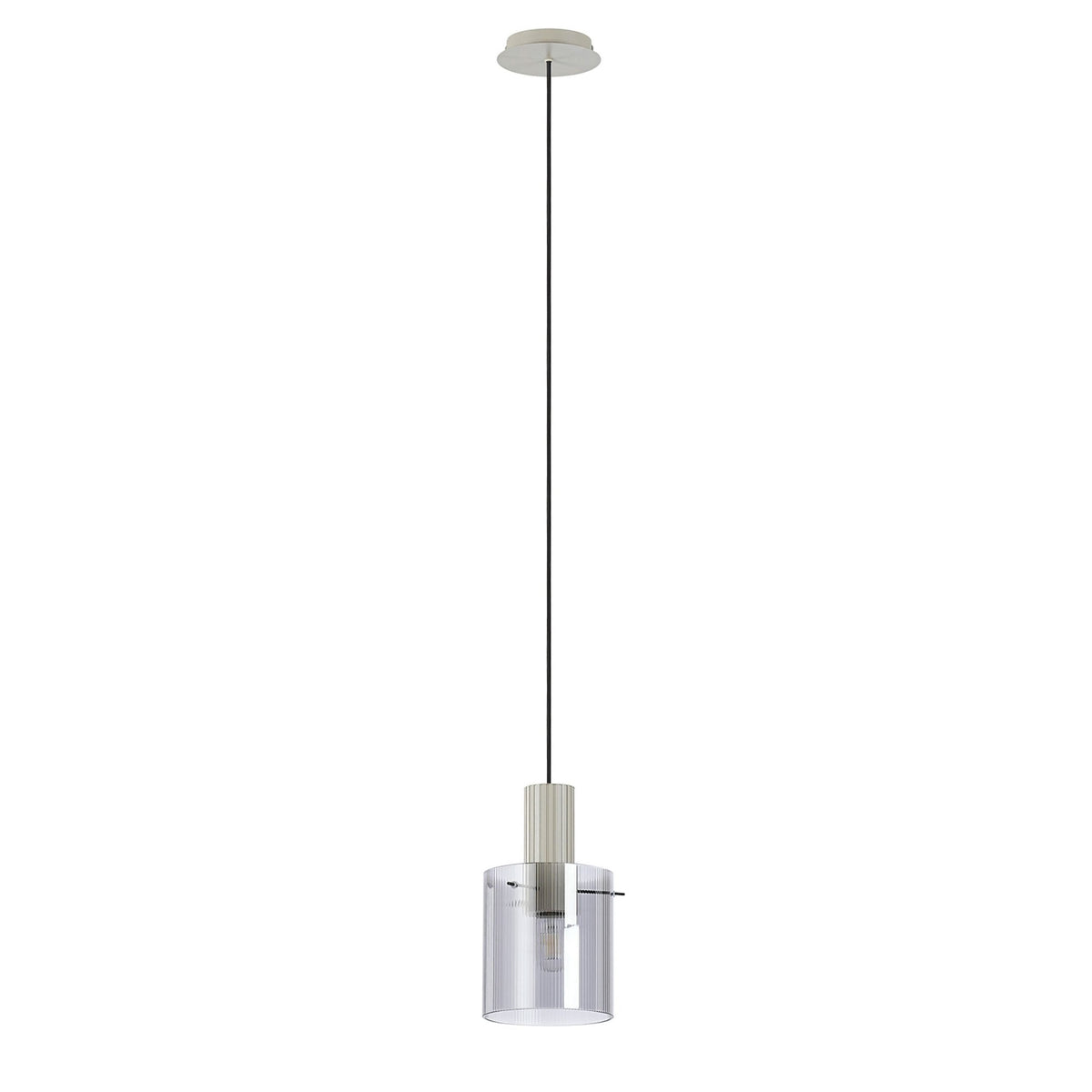 Full view of the pendant light with a clear, ribbed glass shade and a white ceiling rose.