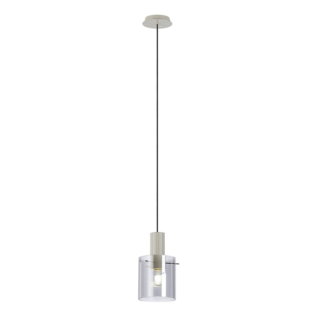 Full view of the illuminated pendant light with a clear, ribbed glass shade and a white ceiling rose.