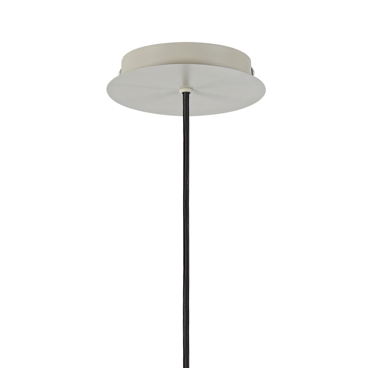 Close-up of the white ceiling rose and black cable of the pendant light.