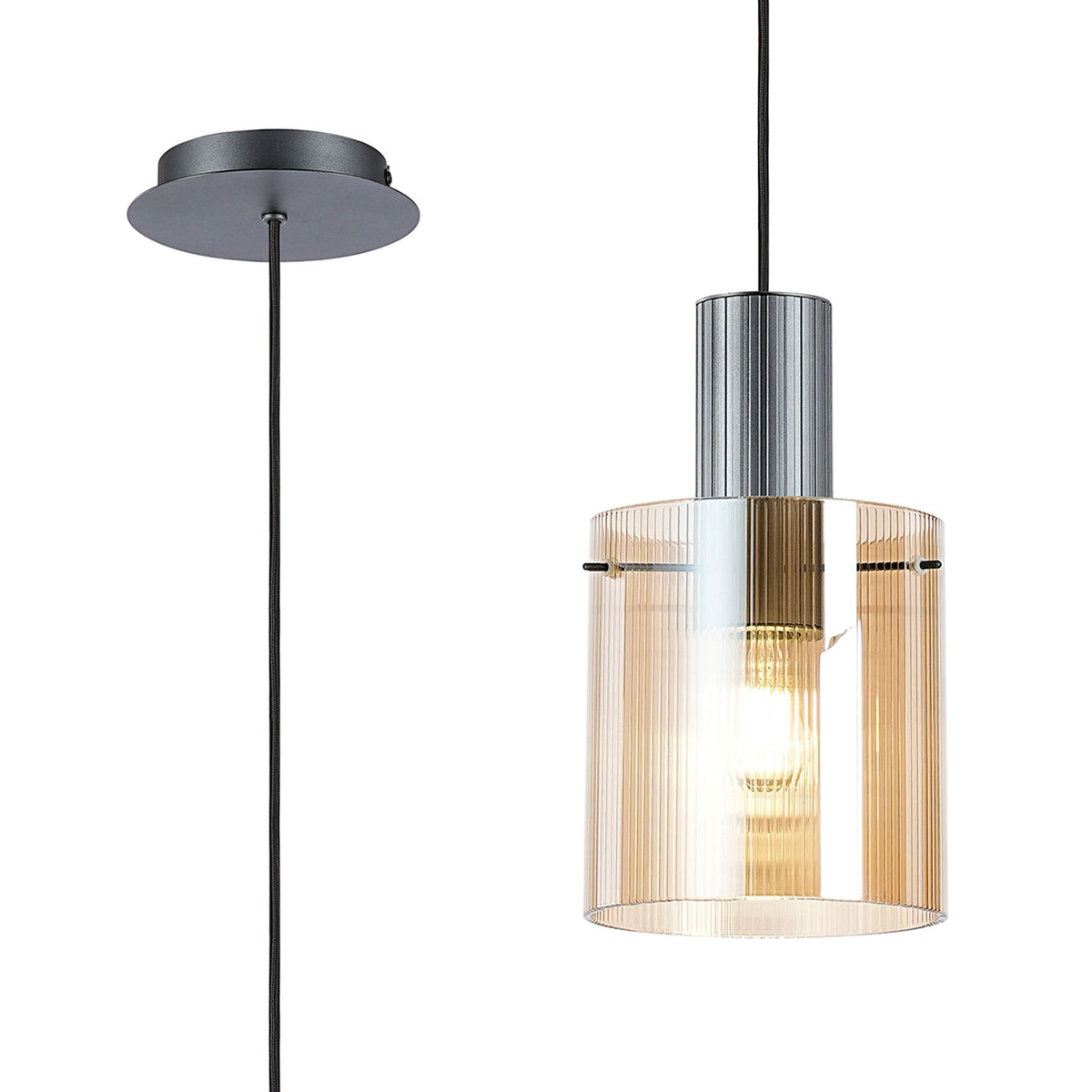 Belstone Fine Ribbed Single Drop Pendant in Dark Grey with Amber Glass