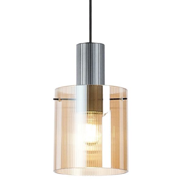 Belstone Fine Ribbed Single Drop Pendant in Dark Grey with Amber Glass