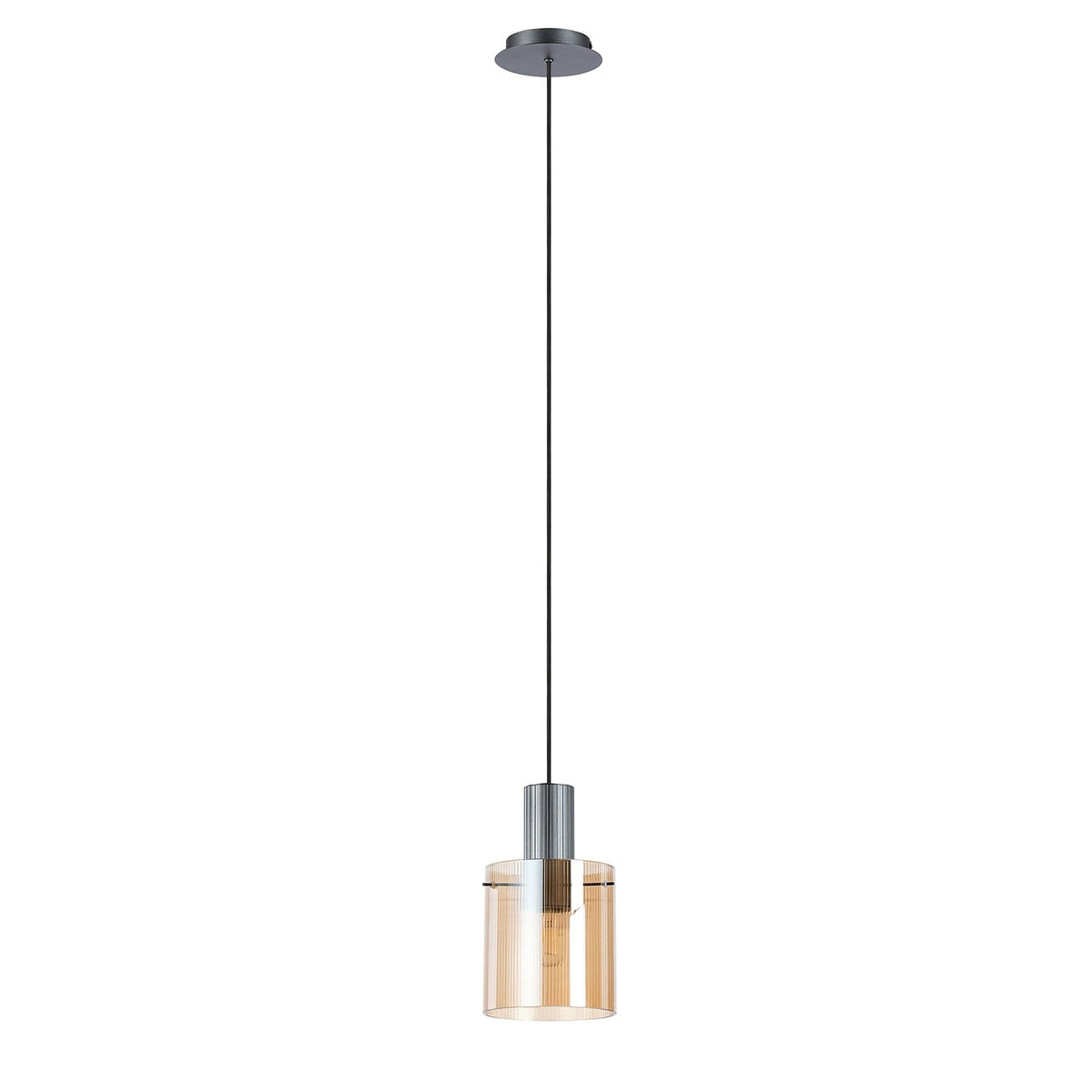 Belstone Fine Ribbed Single Drop Pendant in Dark Grey with Amber Glass