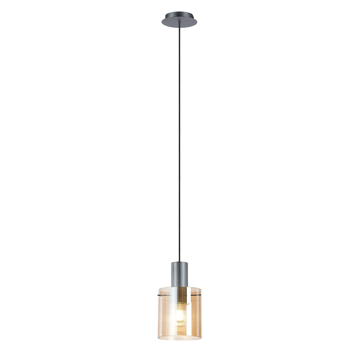 Belstone Fine Ribbed Single Drop Pendant in Dark Grey with Amber Glass