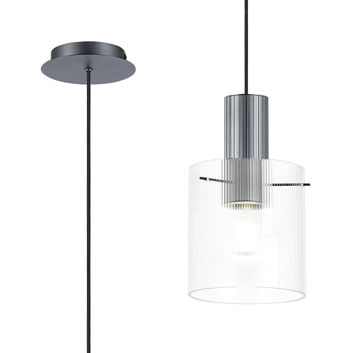 Belstone Fine Ribbed Single Drop Pendant in Dark Grey with Clear Glass