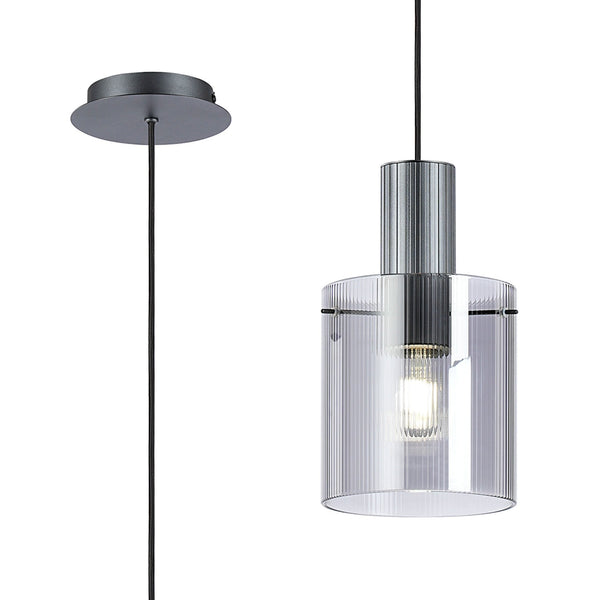 Belstone Fine Ribbed Single Drop Pendant in Dark Grey with Smoke Glass