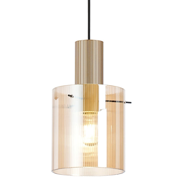 Belstone Fine Ribbed Single Drop Pendant in Light Gold with Amber Glass
