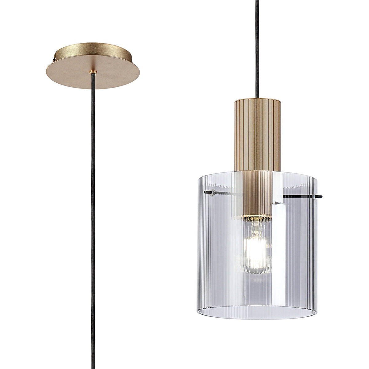 Belstone Fine Ribbed Single Drop Pendant in Light Gold with Smoke Glass