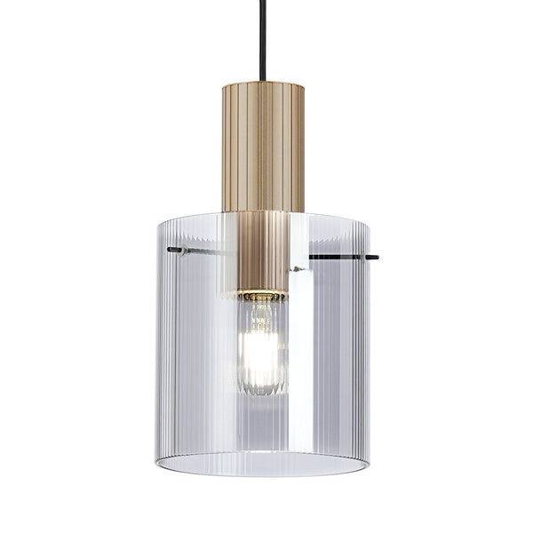 Belstone Fine Ribbed Single Drop Pendant in Light Gold with Smoke Glass