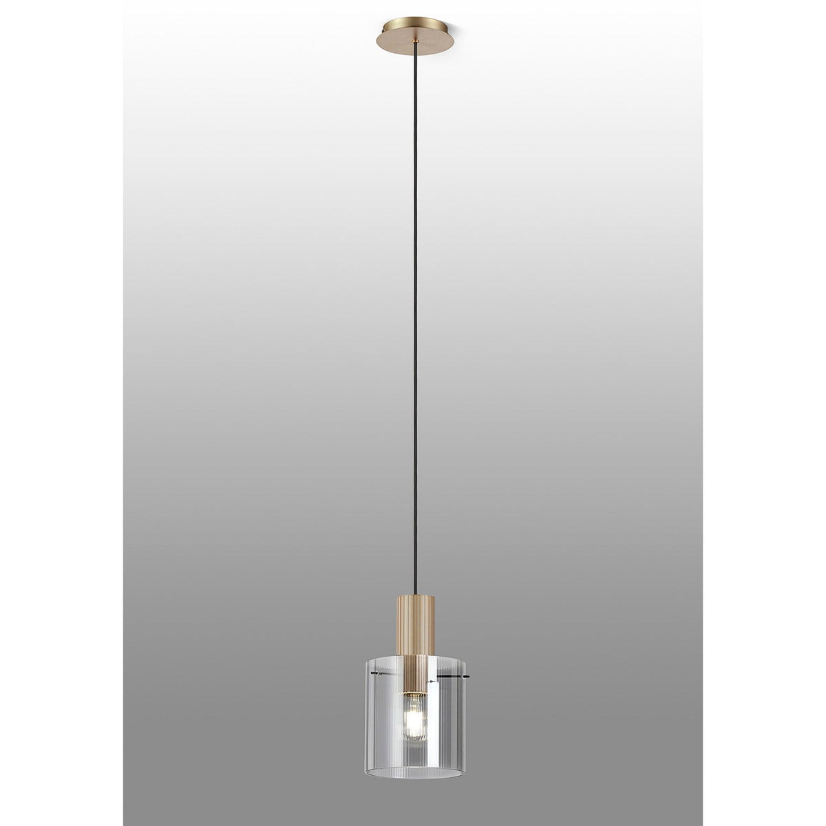 Belstone Fine Ribbed Single Drop Pendant in Light Gold with Smoke Glass