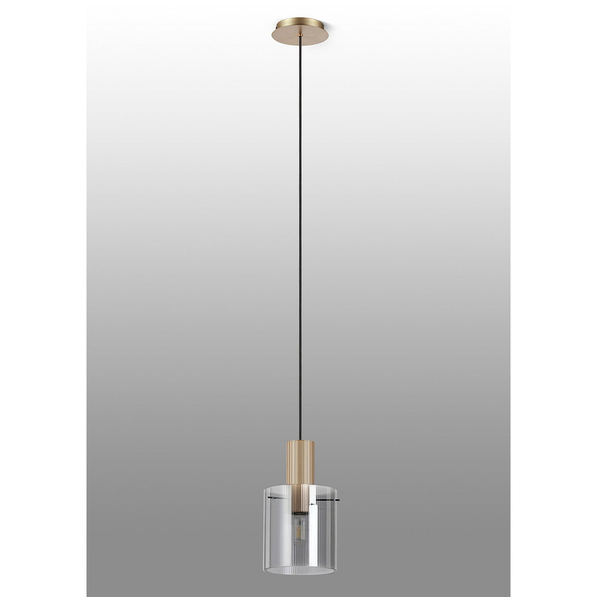 Belstone Fine Ribbed Single Drop Pendant in Light Gold with Smoke Glass