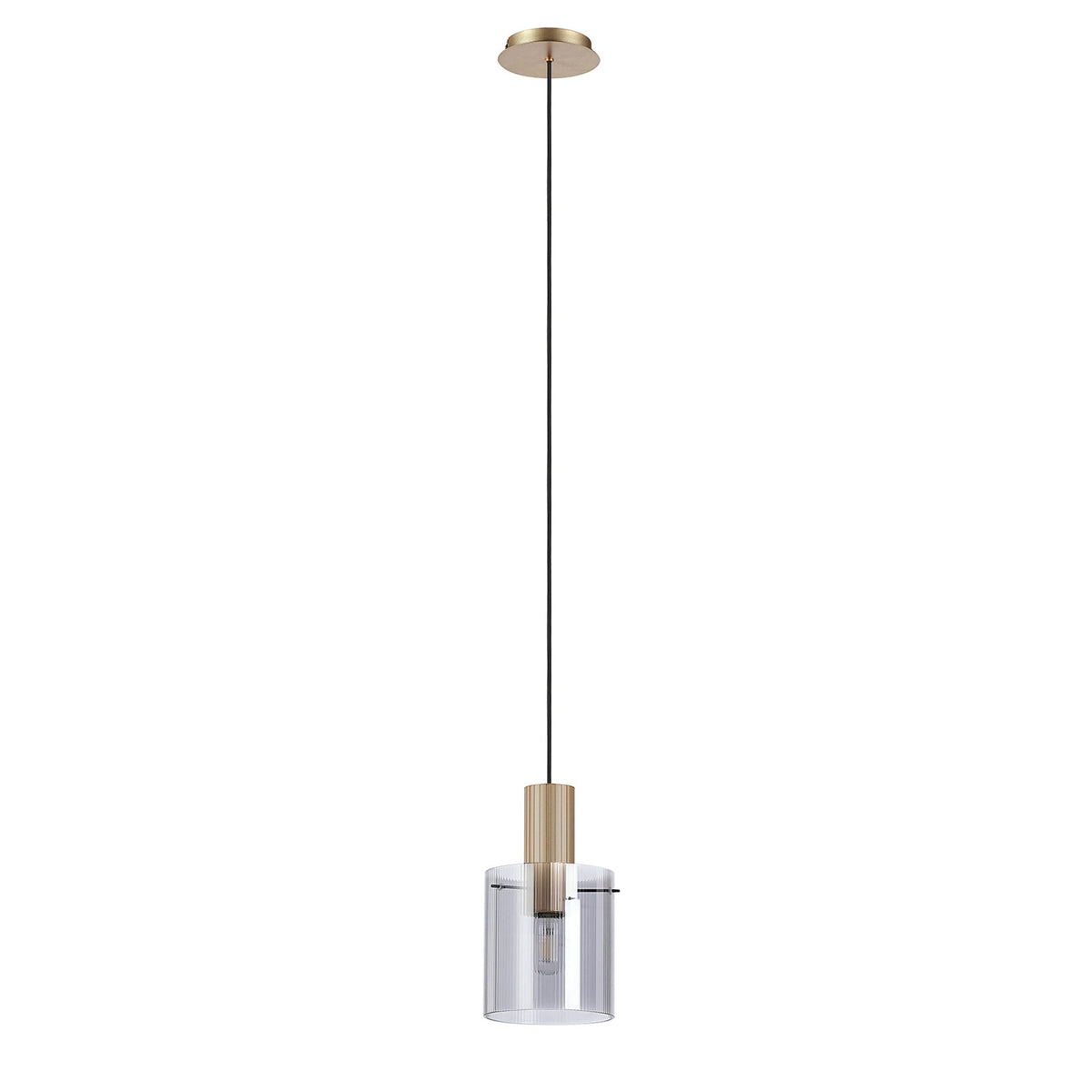 Belstone Fine Ribbed Single Drop Pendant in Light Gold with Smoke Glass