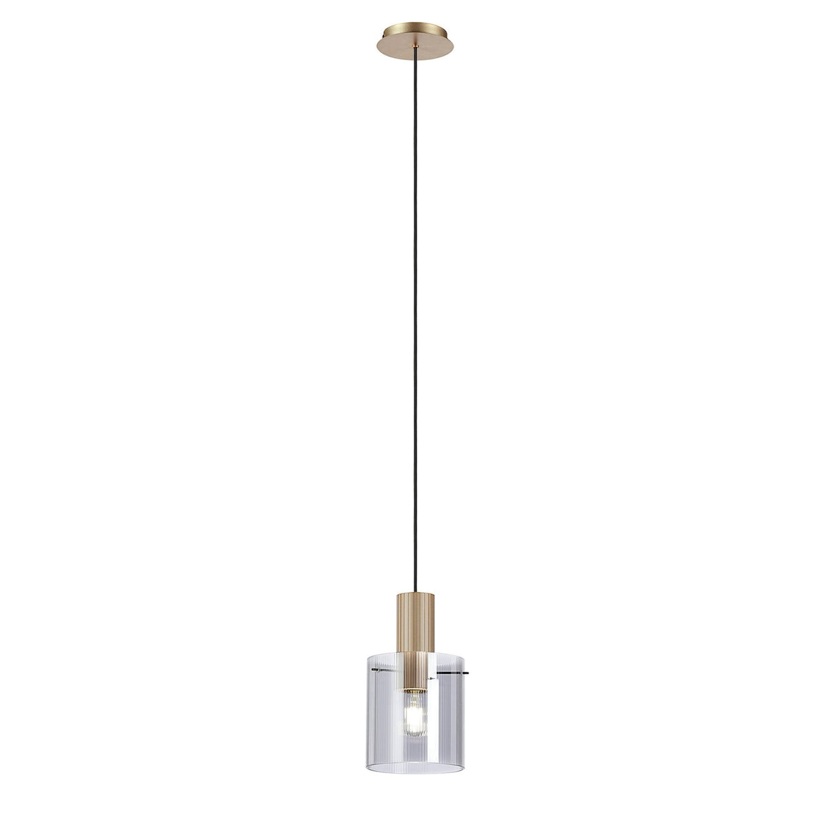 Belstone Fine Ribbed Single Drop Pendant in Light Gold with Smoke Glass
