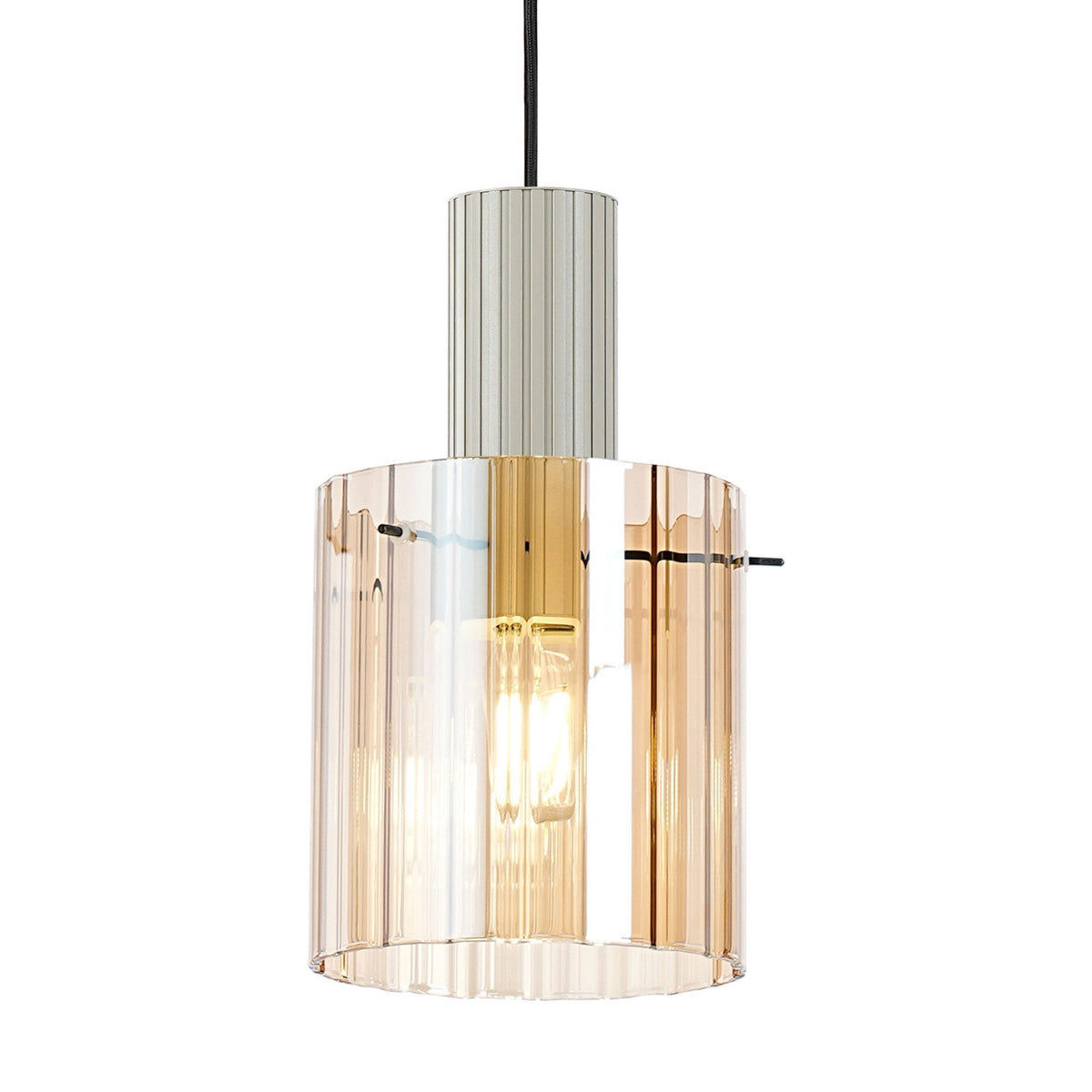 Belstone Wide Ribbed Single Drop Pendant in Beige Stone with Amber Glass
