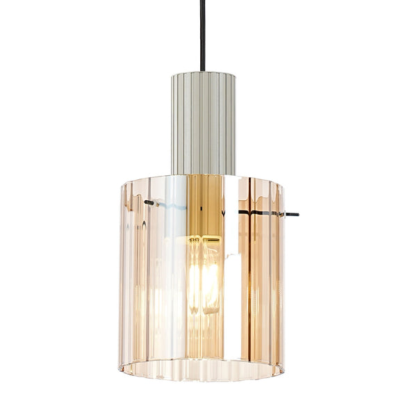 Belstone Wide Ribbed Single Drop Pendant in Beige Stone with Amber Glass