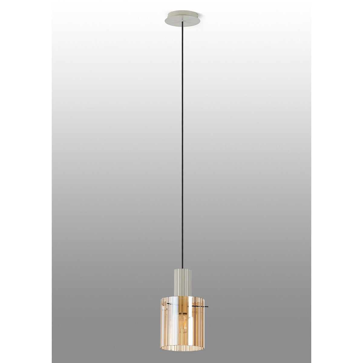 Belstone Wide Ribbed Single Drop Pendant in Beige Stone with Amber Glass