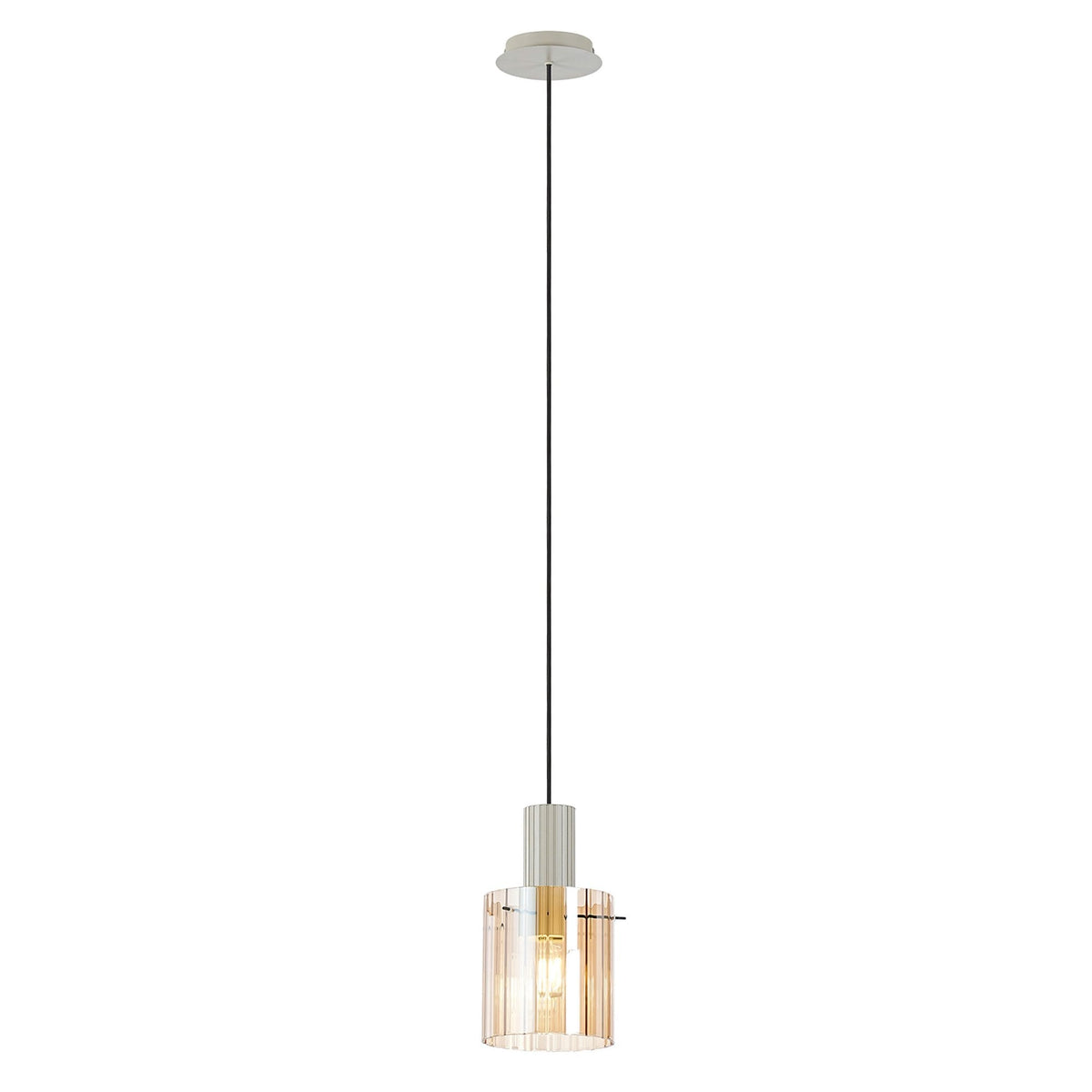 Belstone Wide Ribbed Single Drop Pendant in Beige Stone with Amber Glass