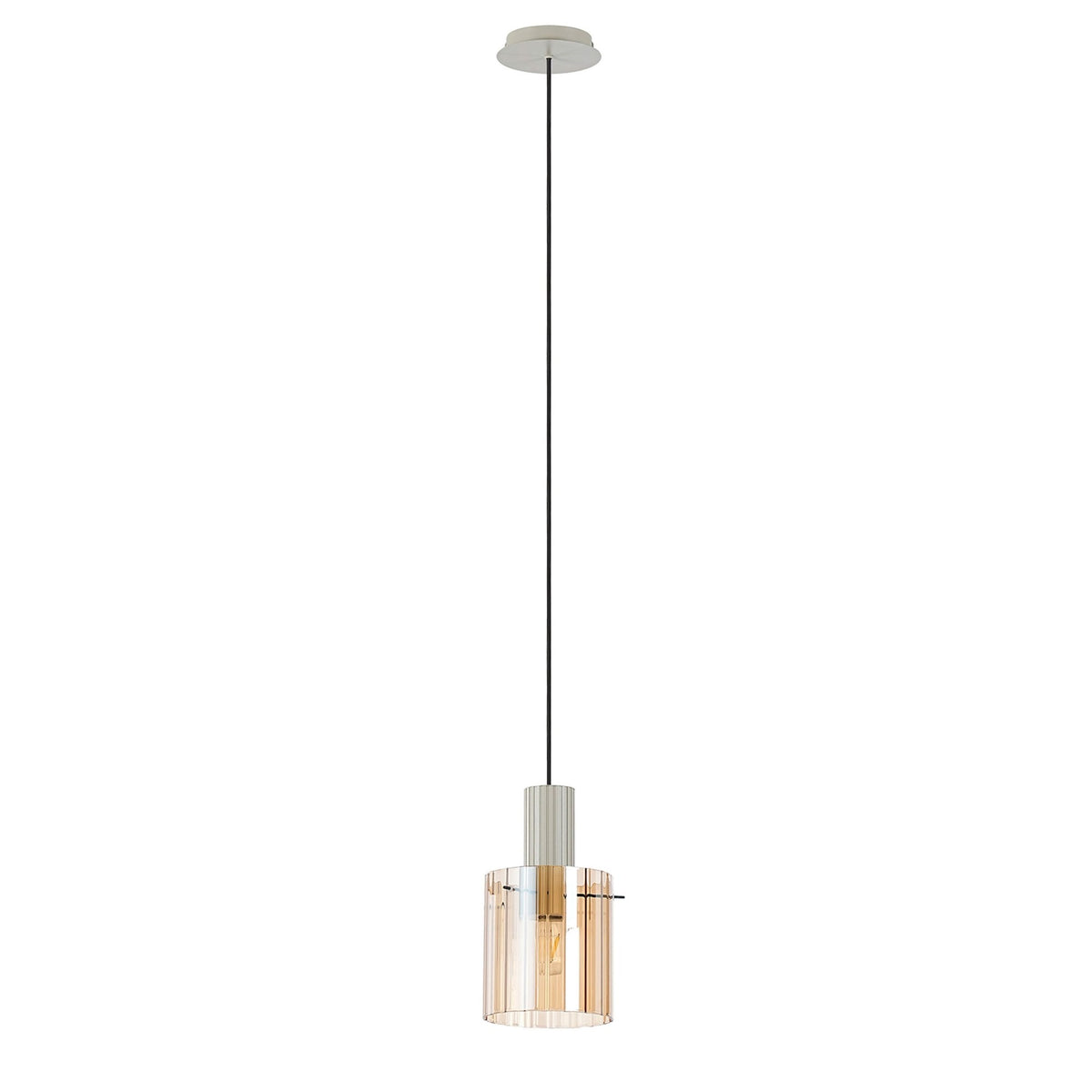 Belstone Wide Ribbed Single Drop Pendant in Beige Stone with Amber Glass