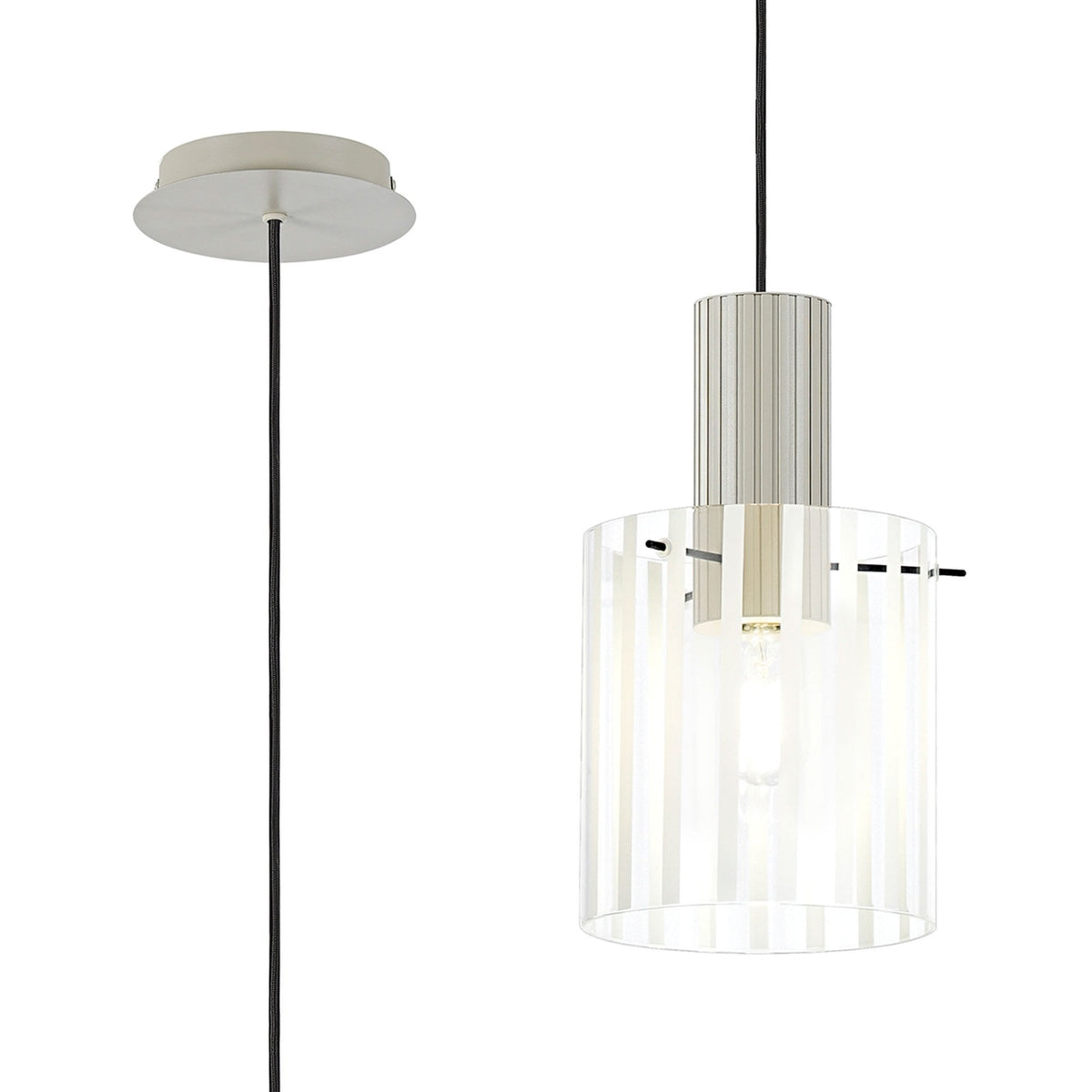 Belstone Wide Ribbed Single Drop Pendant in Beige Stone with Frosted & Clear Glass